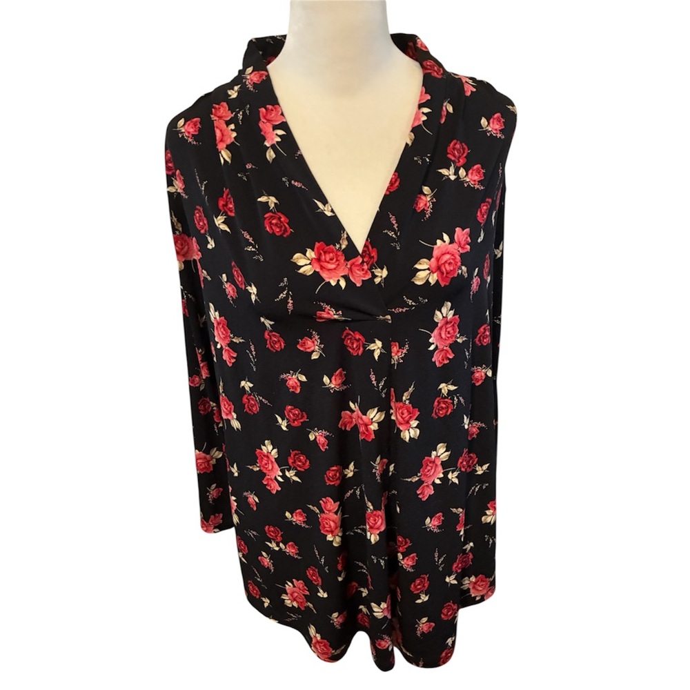 Charter Club 1X Black Red Rose Floral Pleated Blouse Top Long Sleeve EUC